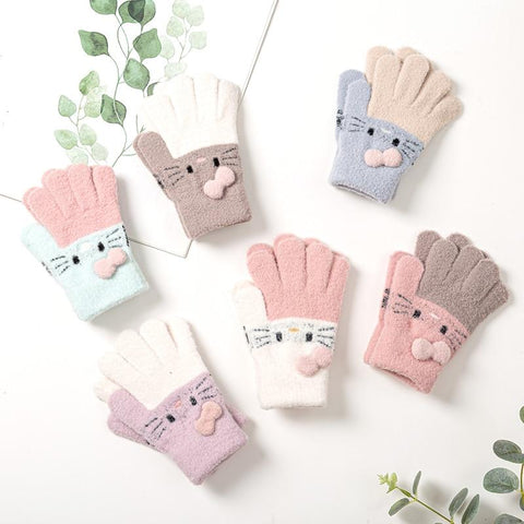 Winter Knitted Children's Gloves 3-10 Years Warm Soft Rabbit Wool Cartoons Kids Gloves Child Full Finger Baby Boys Girls Mittens